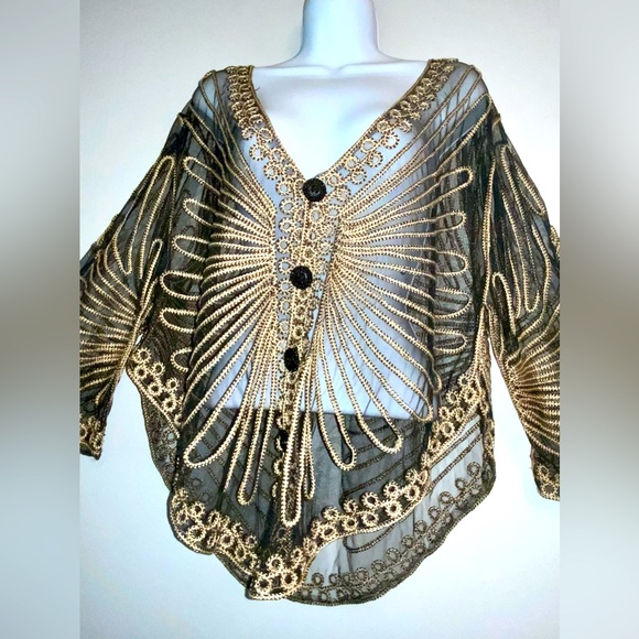 Gorgeous Vintage Black & Gold Embroidered Sheer Retro Poncho OS - Picture 4 of 11